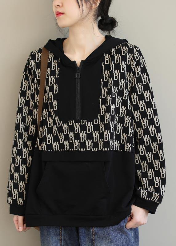 Beautiful Black Print Tunics For Women Hooded Pockets Spring Tops