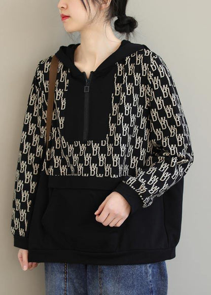 Beautiful Black Print Tunics For Women Hooded Pockets Spring Tops