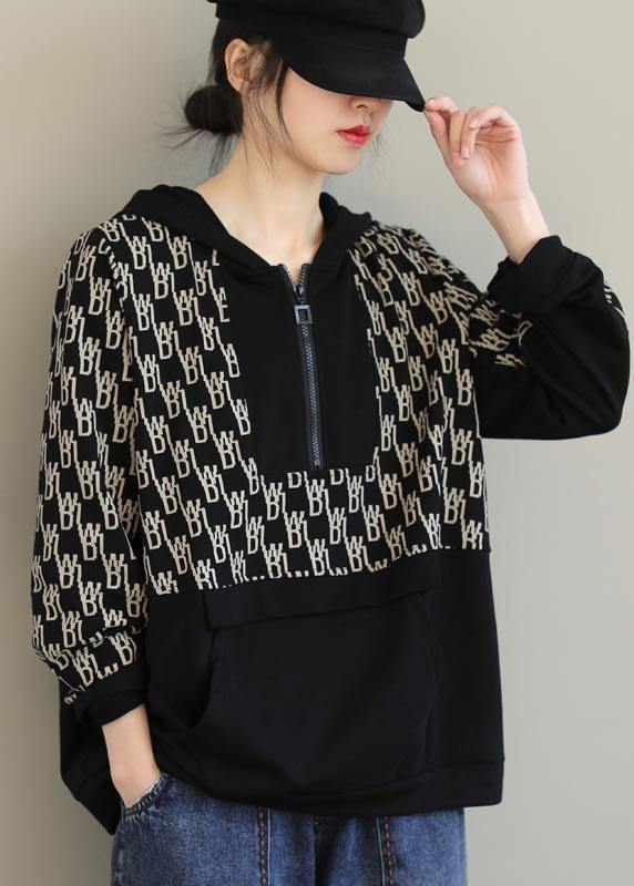 Black Print Tunics for Hooded Pockets Spring Tops