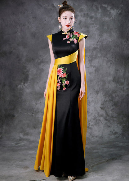 Black Red Stand Collar Embroidered Ribbon Silk Maxi Fishtail Dresses Summer