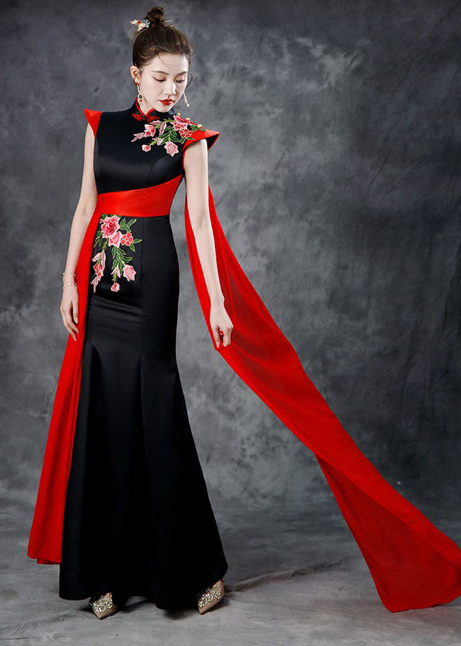 Black Red Stand Collar Embroidered Ribbon Silk Maxi Fishtail Dresses Summer