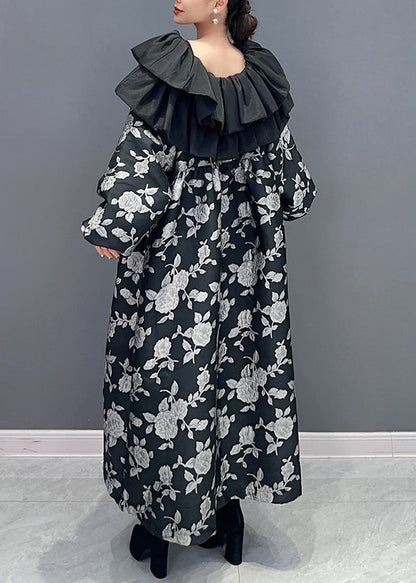 Black Ruffled Print Patchwork Cotton Long Dress Fall