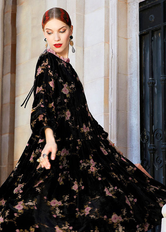 Black Ruffled Print Wrinkled Silk Velour Long Dress Fall