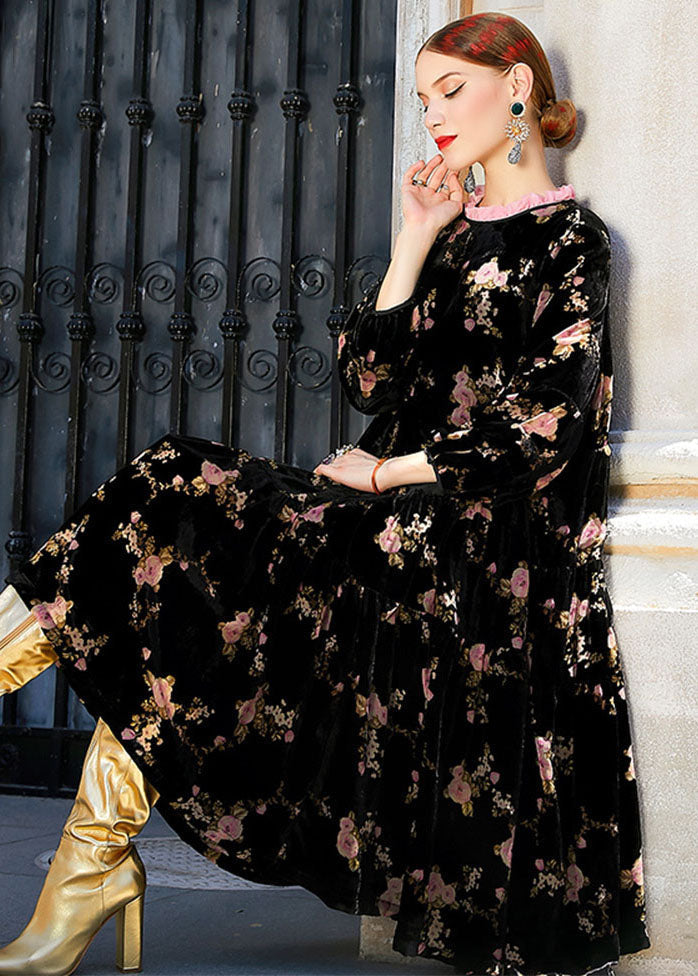 Black Ruffled Print Wrinkled Silk Velour Long Dress Fall
