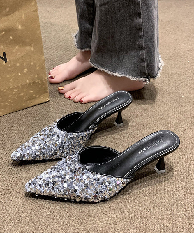Black Sequins Pointed Toe Kitten Thong Sandals