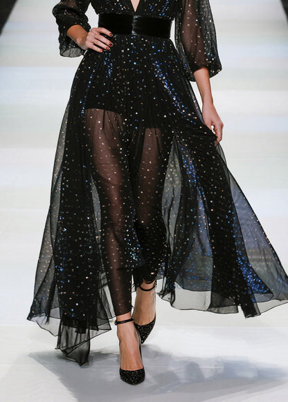 Black Sequins Tunic Tulle Sheer Dresses Summer