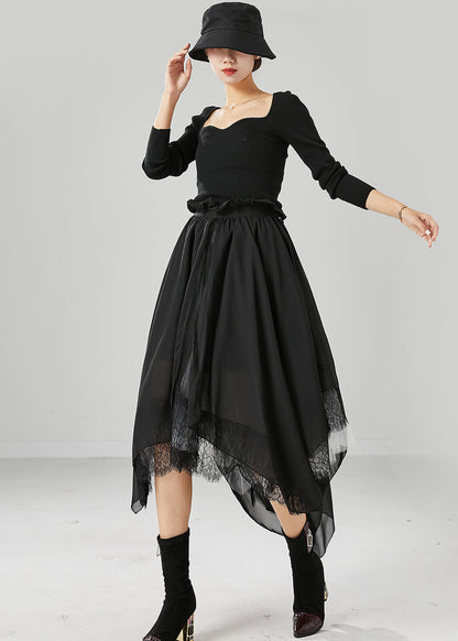 Black Square Collar Asymmetrical Patchwork Exra Large Hem Knit Dress Fall