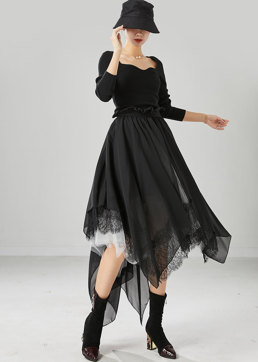 Black Square Collar Asymmetrical Patchwork Exra Large Hem Knit Dress Fall