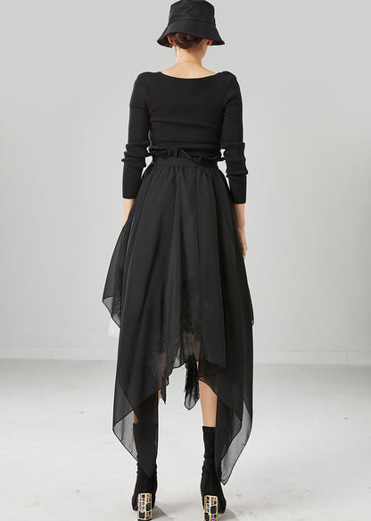 Black Square Collar Asymmetrical Patchwork Exra Large Hem Knit Dress Fall
