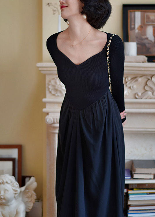 Black Square Collar Patchwork Slim Fit Knit Dress Spring