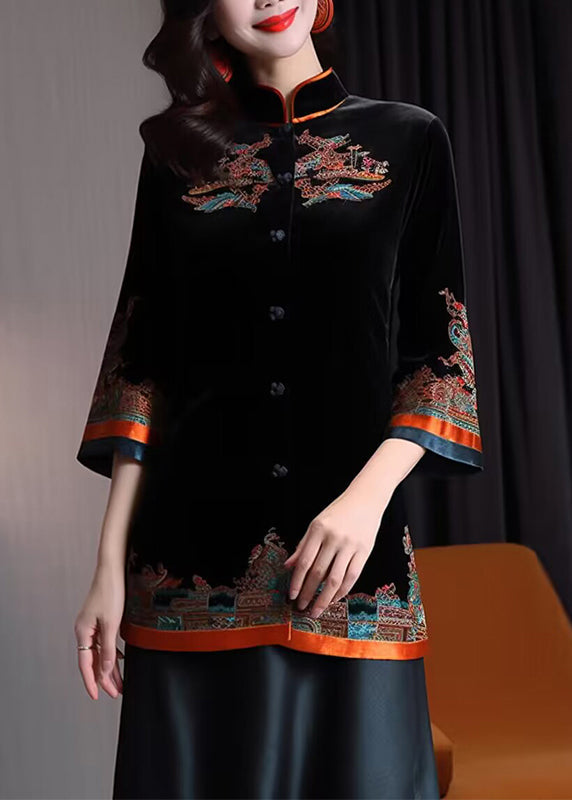 Black Stand Collar Embroidered Button Silk Velour Coats Fall