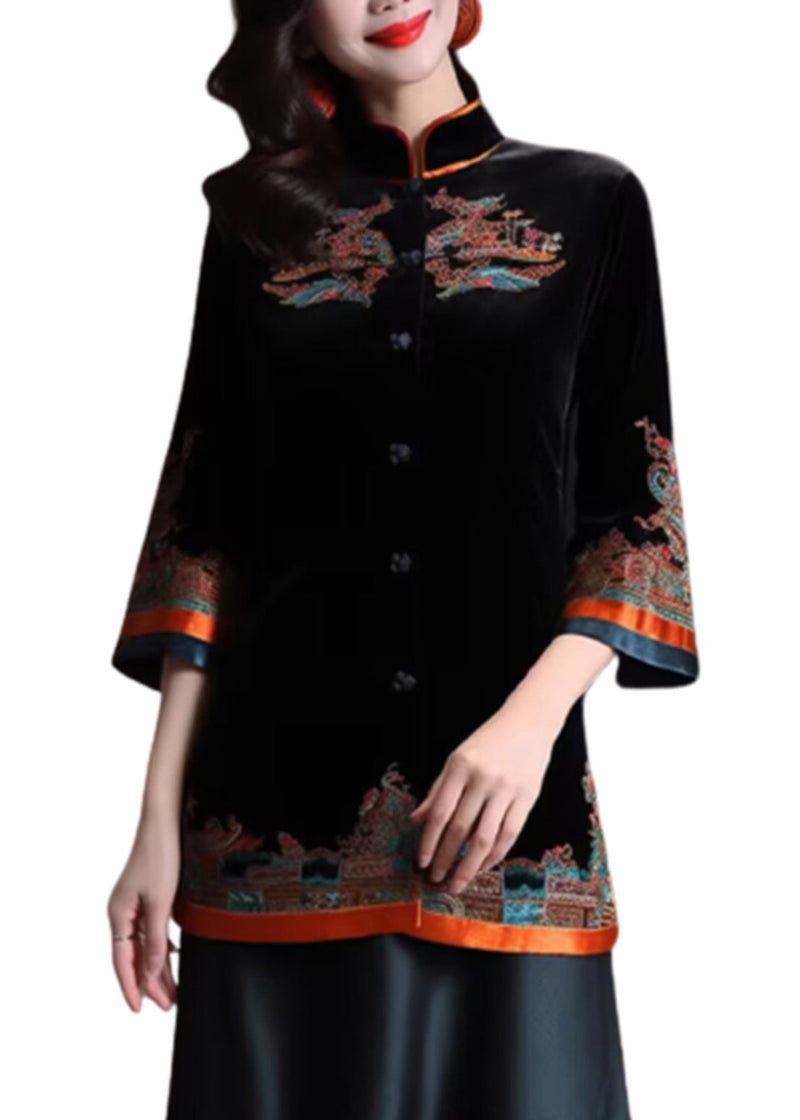 Black Stand Collar Embroidered Button Silk Velour Coats Fall