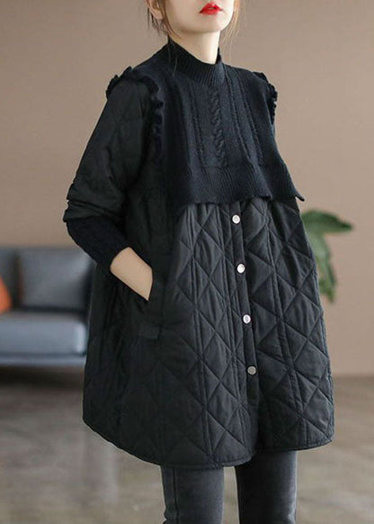 Black Stand Collar Knit Patchwork Fine Cotton Filled Winter Coats