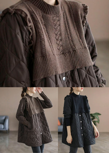 Black Stand Collar Knit Patchwork Fine Cotton Filled Winter Coats