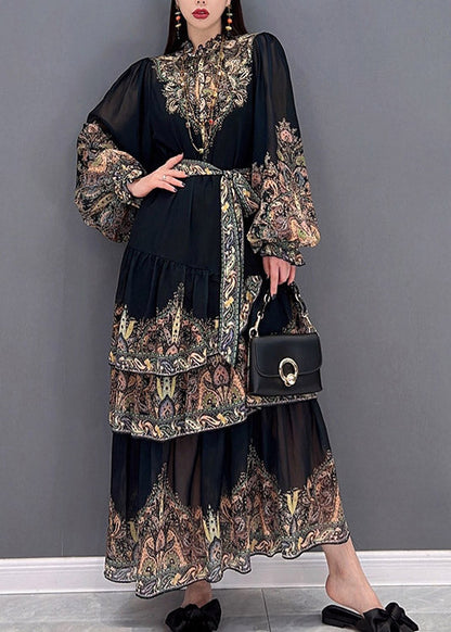 Black Stand Collar Ruffled Layered Print Chiffon Long Dress Lantern Sleeve