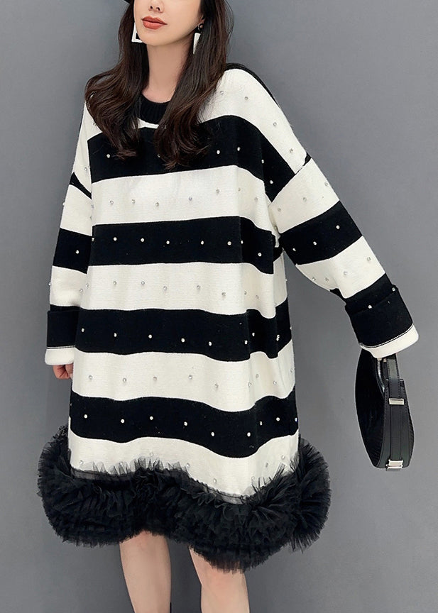Black Striped Nail Bead Tulle Patchwork Mid Dress Fall