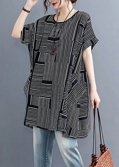 Black Striped Patchworklinen T Shirt Short Sleeve