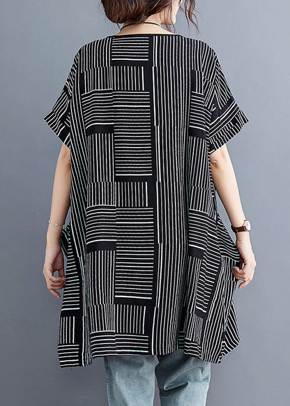 Black Striped Patchworklinen T Shirt Short Sleeve