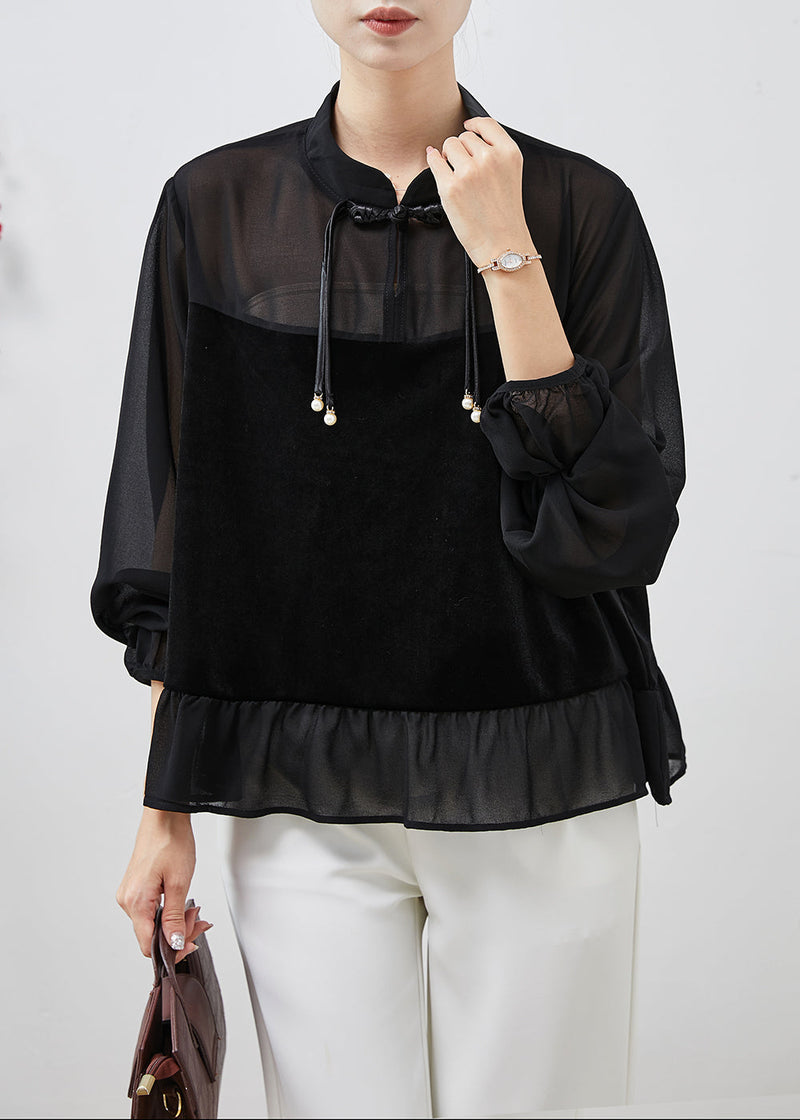 Black Tasseled Patchwork Chiffon Shirts Spring
