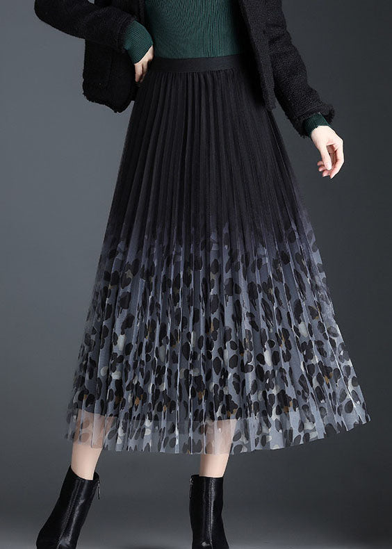 Black Tulle Print Pleated Fall Skirt