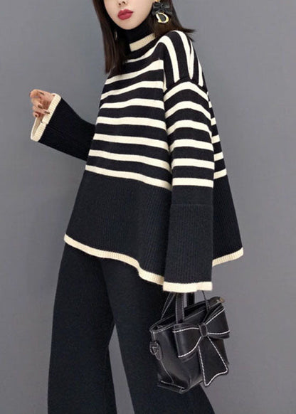Black Turtle Neck Striped Knit Two Piece Suit Set Spring