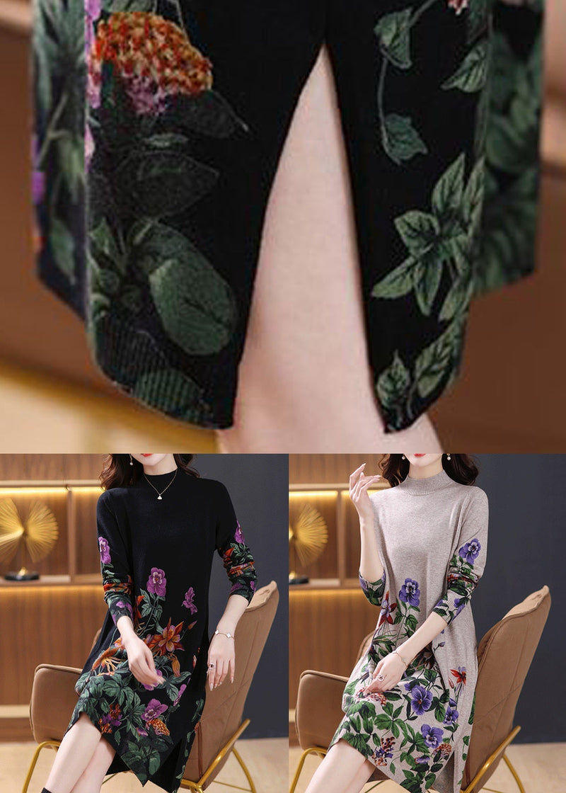 Black Turtleneck Print Wool Knit Dress Long Sleeve