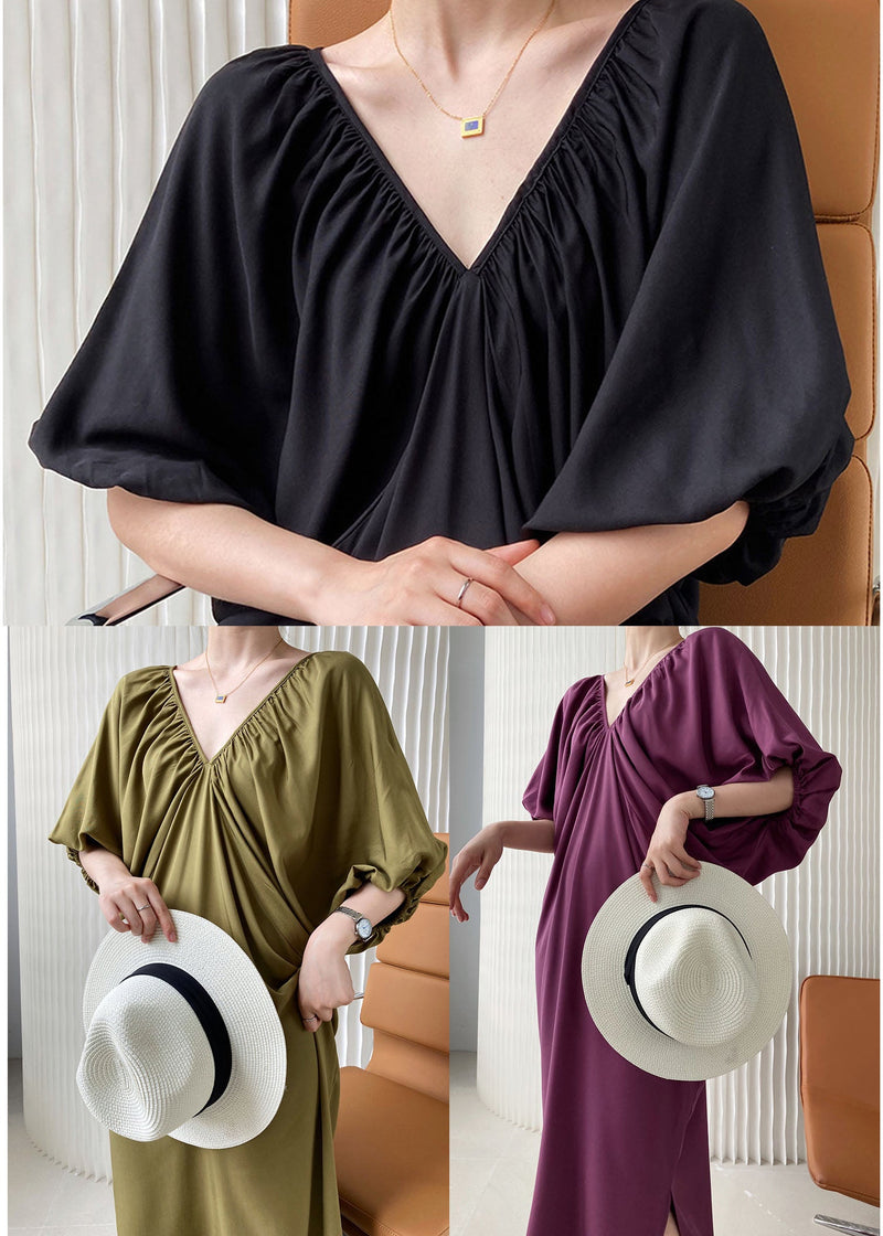Black V Neck Cold Shoulder Wrinkled Cotton Holiday Dress Summer