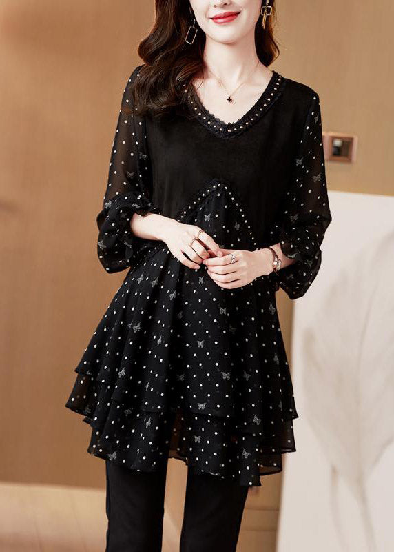Beautiful Black V Neck Dot Patchwork layered design Chiffon Tops Long sleeve