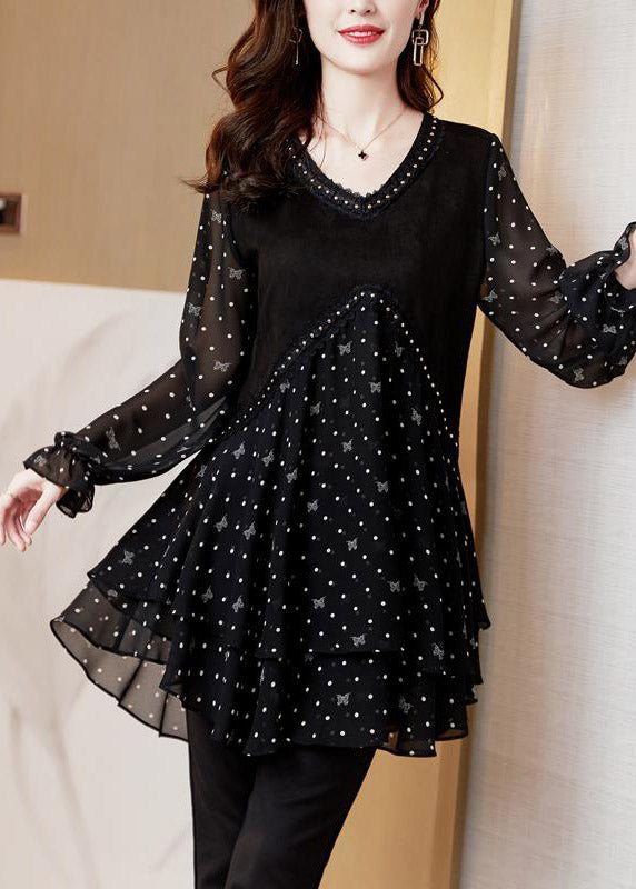 Beautiful Black V Neck Dot Patchwork layered design Chiffon Tops Long sleeve