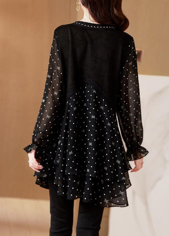 Beautiful Black V Neck Dot Patchwork layered design Chiffon Tops Long sleeve