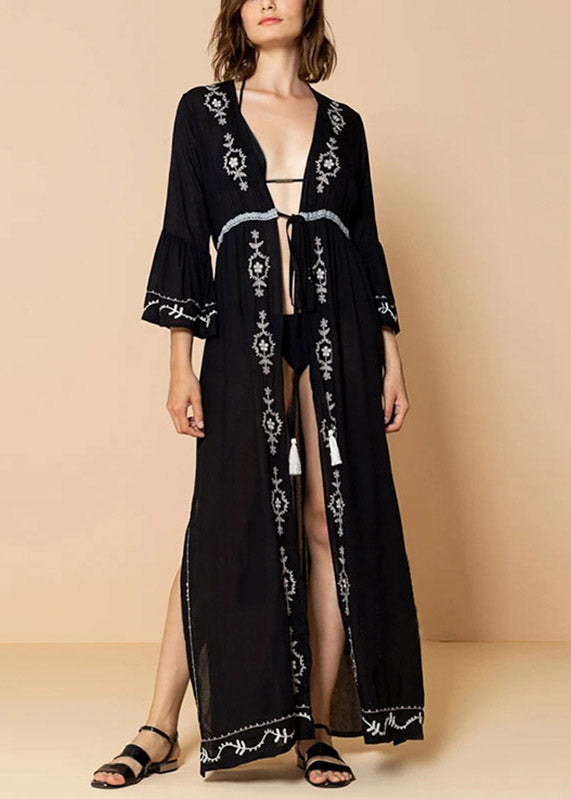 Black V Neck Embroider Tie Waist Side Open Holiday Long Smock Long Sleeve