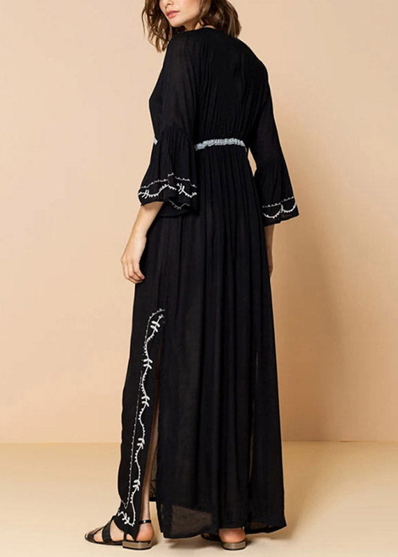 Black V Neck Embroider Tie Waist Side Open Holiday Long Smock Long Sleeve