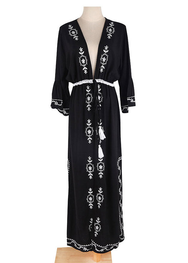 Black V Neck Embroider Tie Waist Side Open Holiday Long Smock Long Sleeve