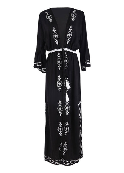 Black V Neck Embroider Tie Waist Side Open Holiday Long Smock Long Sleeve