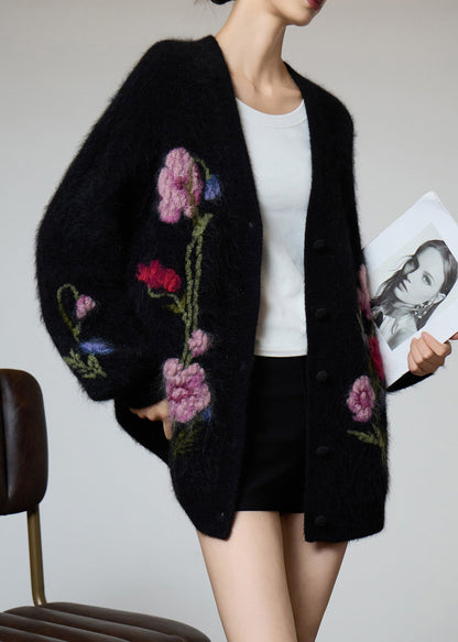 Black V Neck Embroidered Knit Coat Spring