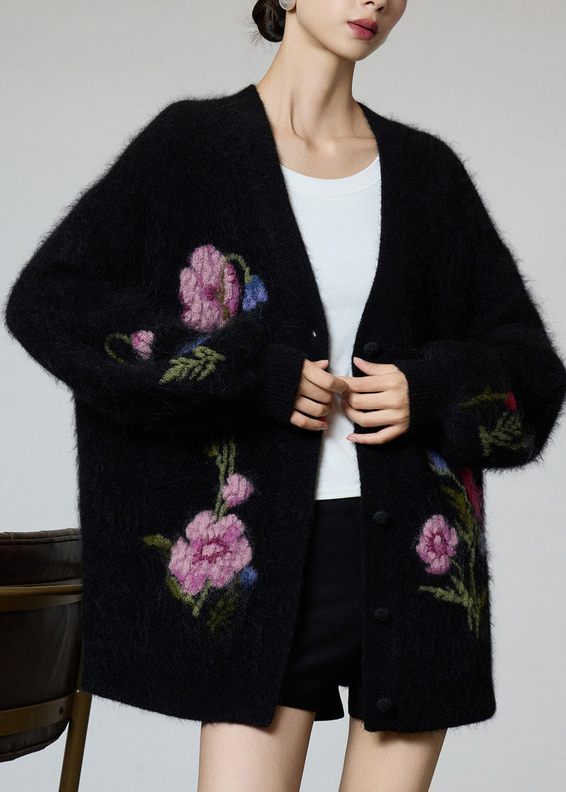Black V Neck Embroidered Knit Coat Spring