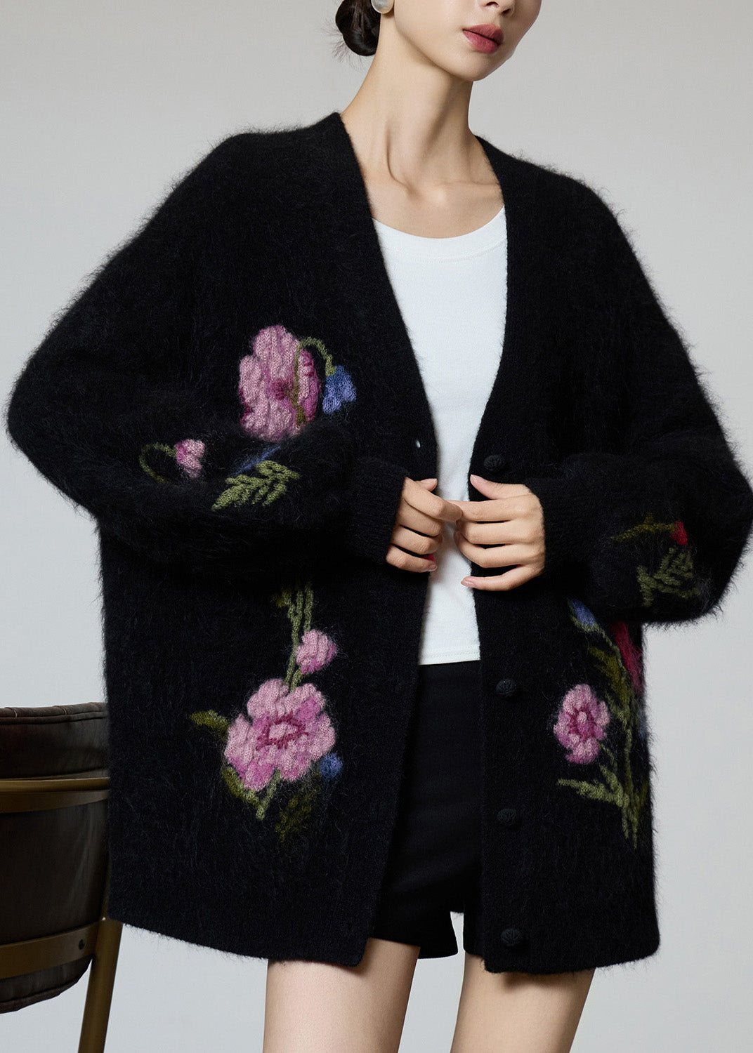 Black V Neck Embroidered Knit Coat Spring