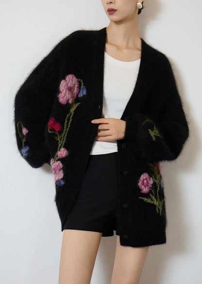 Black V Neck Embroidered Knit Coat Spring