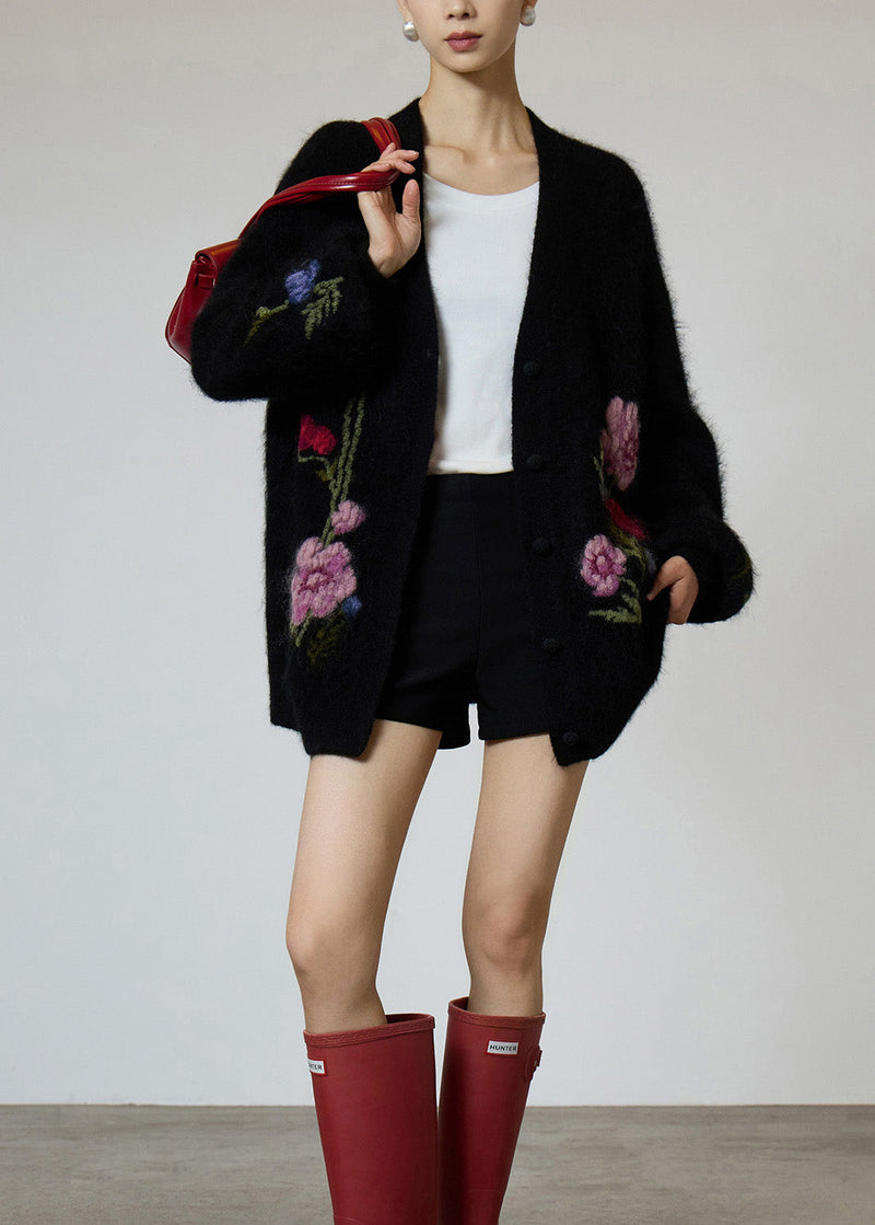 Black V Neck Embroidered Knit Coat Spring