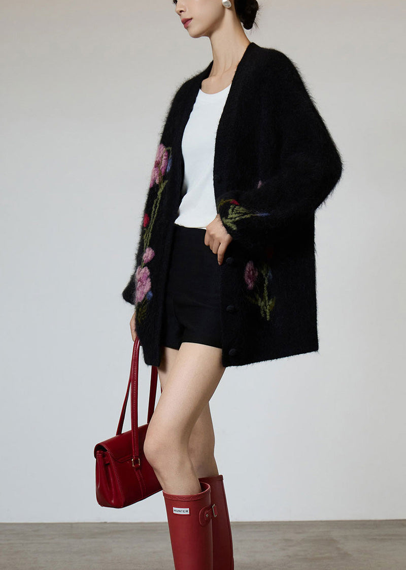 Black V Neck Embroidered Knit Coat Spring