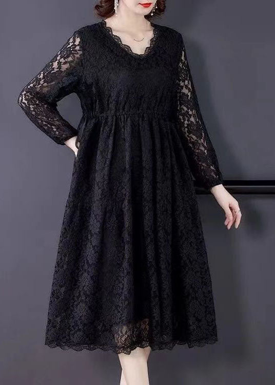 Black V Neck Hollow Out Exra Large Hem Lace Maxi Dresses Spring