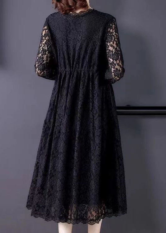 Black V Neck Hollow Out Exra Large Hem Lace Maxi Dresses Spring