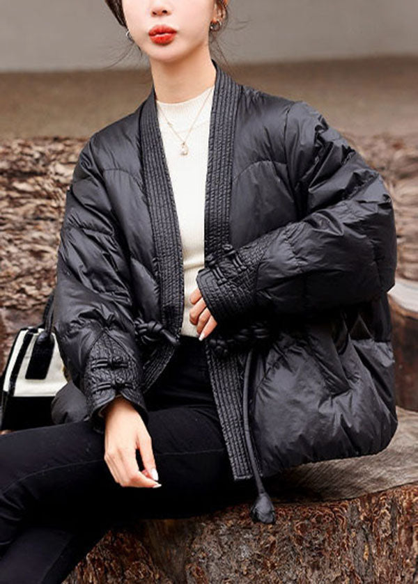 Black V Neck Oriental Button Original Design Duck Down Down Coats Winter