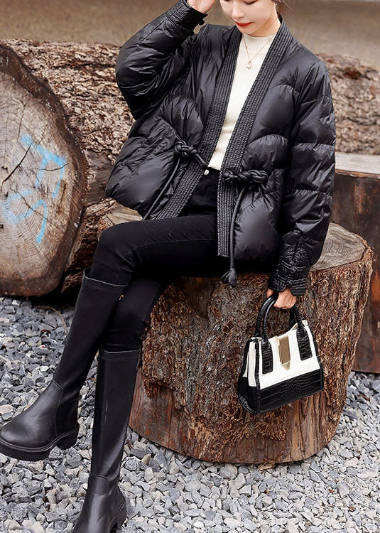 Black V Neck Oriental Button Original Design Duck Down Down Coats Winter