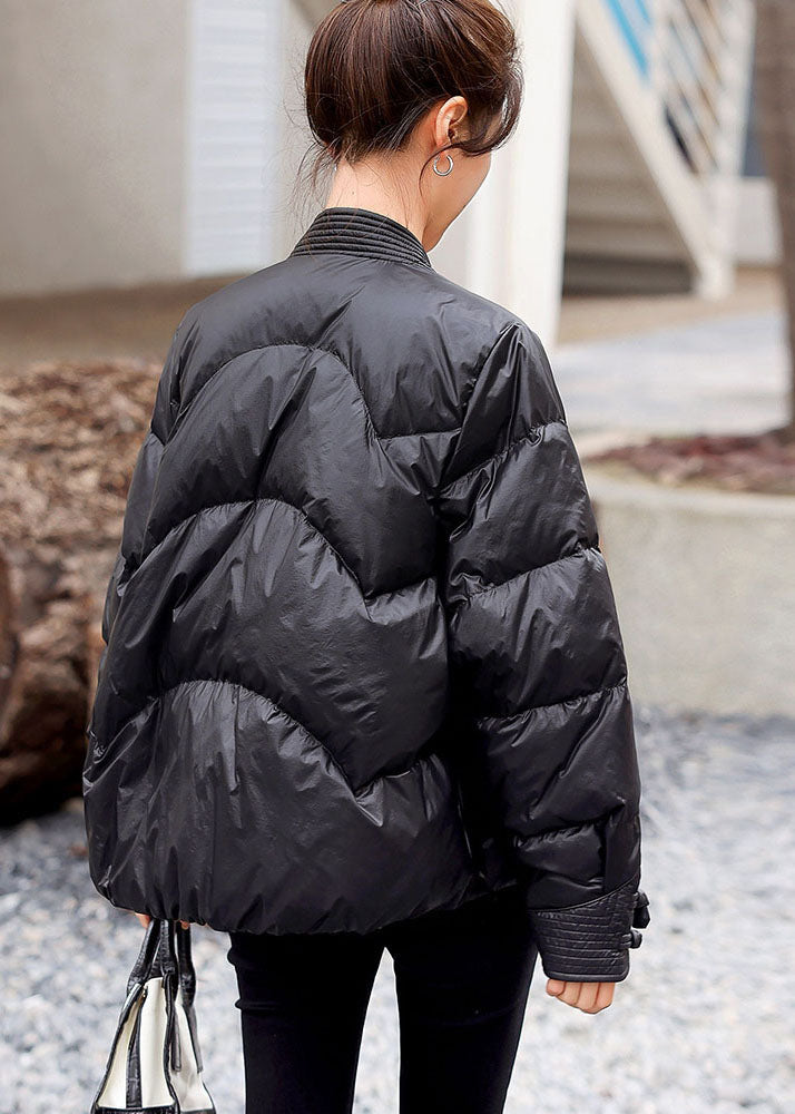 Black V Neck Oriental Button Original Design Duck Down Down Coats Winter