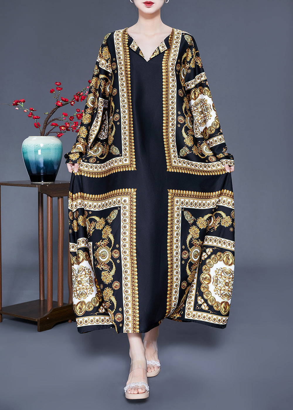 Black V Neck Oversized Print Silk Ankle Dress Spring