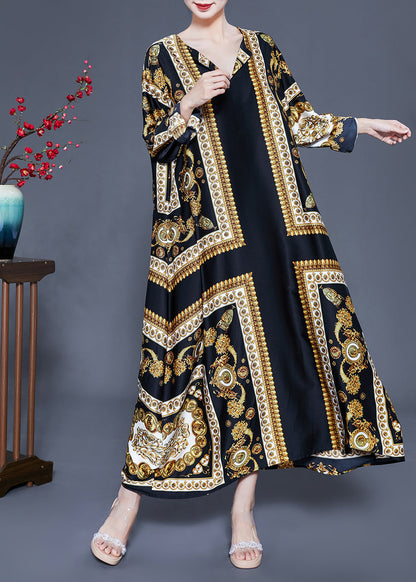 Black V Neck Oversized Print Silk Ankle Dress Spring