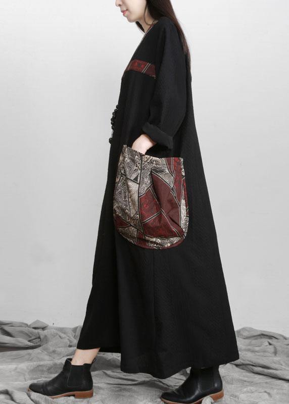 Black V Neck Patchwork Print Pockets Dress Fall