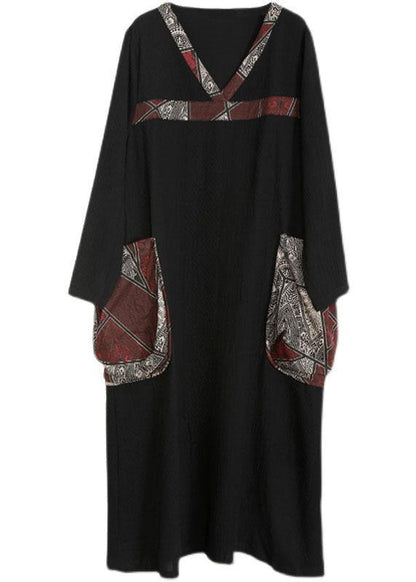 Black V Neck Patchwork Print Pockets Dress Fall