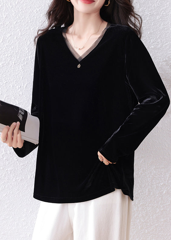 Black V Neck Patchwork Silk Velour Shirt Tops Fall